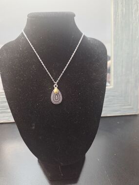 Silver Teardrop Pendant Necklace with Yellow Accent - Women Jewelry